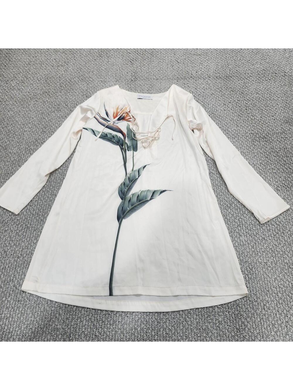 Stillwater The Abigail Mini Dress Medium Cream Long Sleeve Botanical Print